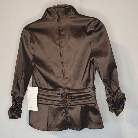Tadashi Collection Chocolate Brown NWT Satin Blouse Sz 8 Ruched Cuffs Bow Detail - Picture 4 of 10